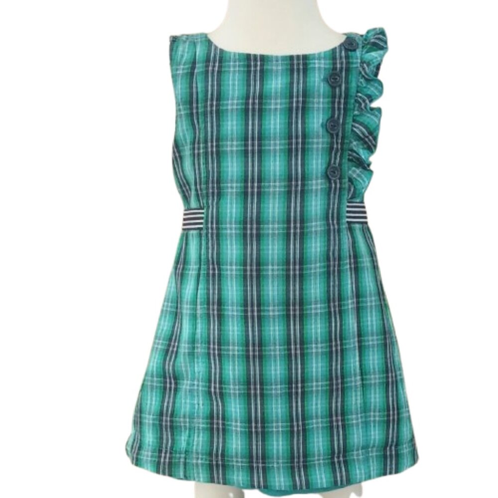 Girls A-Line Plaid Lined Dress 18-24M Green Blue Ruffle Sleeve Stripe Tie Back